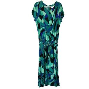 Chicos Travelers Leafy Oasis Print Belted Midi Dress Harbour Green Blue Size 3